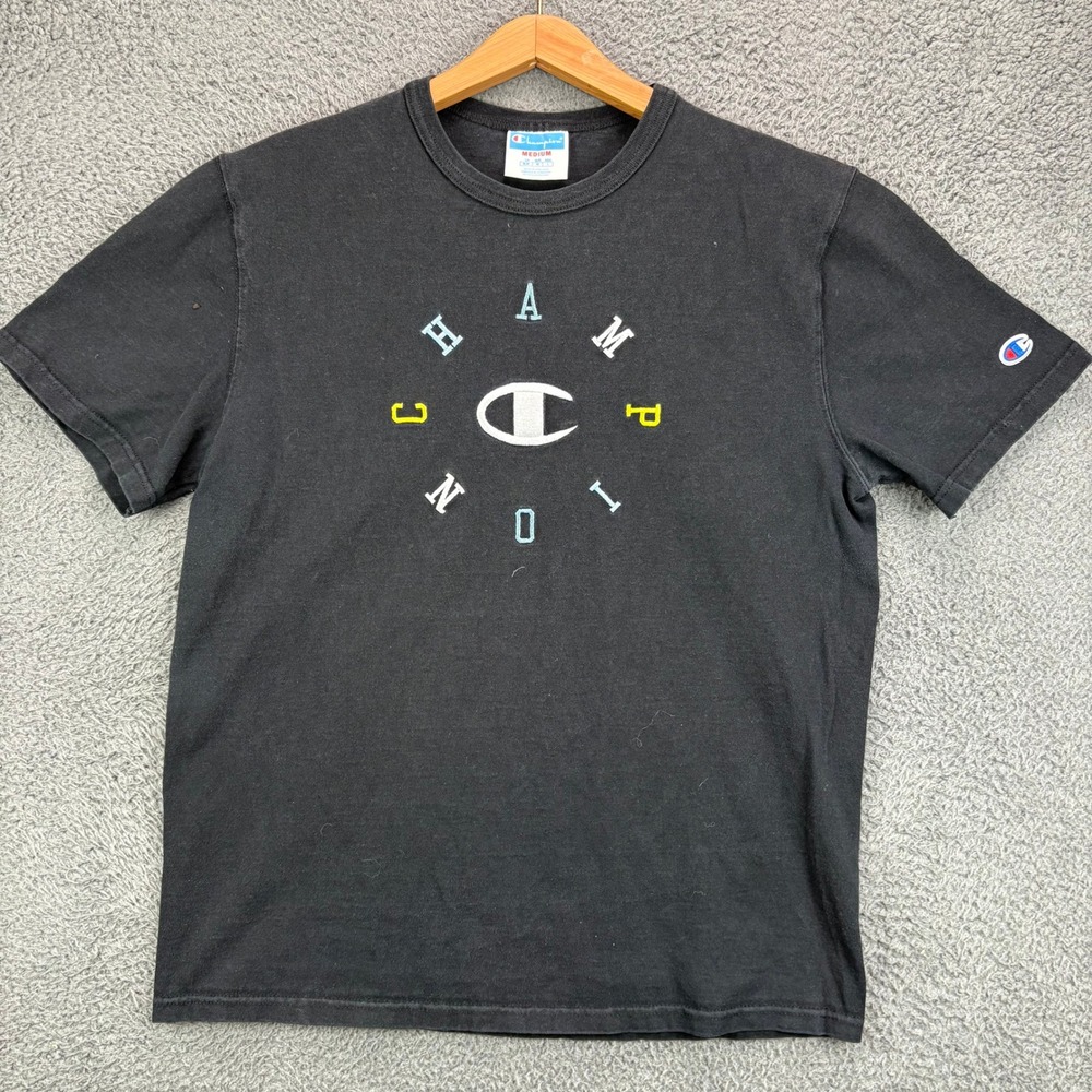 Champion Mens Graphic T-Shirt Black Medium Spellout Circle Logo Short Sleeve Tee